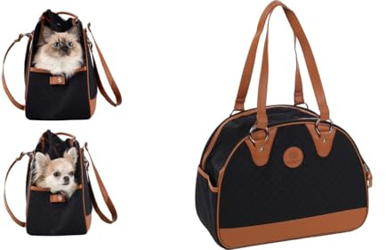 Flamingo Hundetasche - Tragetasche Paddie Schwarz - 41 x 19 x 30 cm - Polyester mit PU-Schaum - Belüftungsnetz - Sicherheitsleine - Standfüße