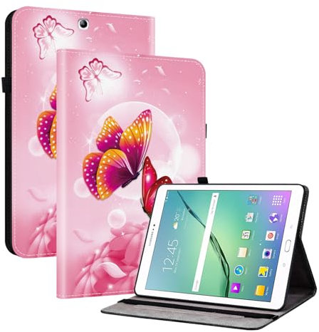 TEDTIKJT Coque pour Samsung Galaxy Tab S2 9.7 2015 SM-T810 T815 Etui Tablette Housse PU Cuir Flip Support Protection Motif Peint Etui pour Samsung Galaxy Tab S2 Coque,Le Papillon Rose