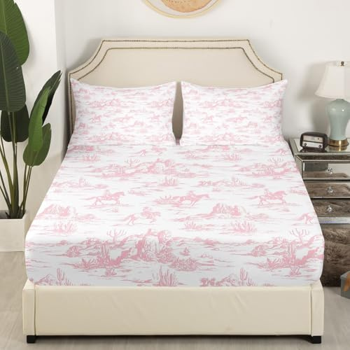 Pink Cowgirl Bedding Set Twin Size Vintage Western Cowgirl Bed Sets for Girls Teens Bedroom Decor Kids Horse Desert Fitted Sheet Soft Microfiber Farm Life Bedding(1 Fitted Sheet+1 Pillow Case)