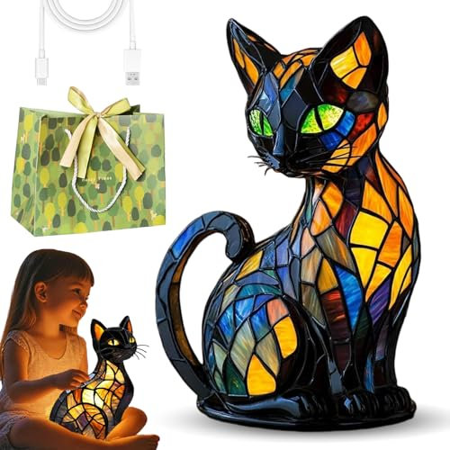 Katzen Lampe, Katzenlampe Mosaik, Leuchtende Katze, Nachtlicht Katze, Hundelampe, Dog Series Art Night Light, Nachttischlampe mit Warmem Umgebungslicht, Vintage-Tier-Wohndekor (Cat-A)