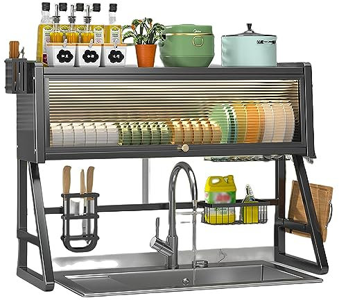 Genérico Escurridor de Platos con Cesta Colgante, escurridor de Cubiertos, escurridor de Platos con Cesta Colgante, escurridor de Platos de Acero Inoxidable de 2 Niveles, Organizador de Gran Espacio