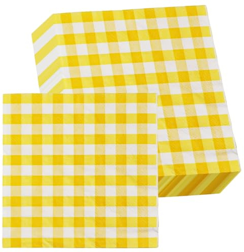 Checkered Gingham Paper Napkins, Disposable Cocktail Napkins, 40 Pcs 25 x 25cm, for BBQs, Parties, Afternoon Tea, Restaurants, Bars, Picnics, Yellow