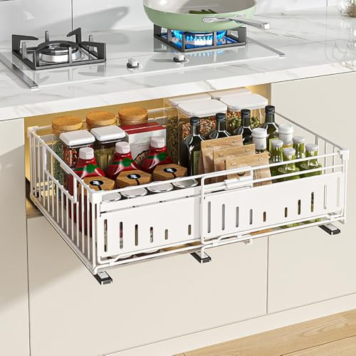 YunNasi Expandable Pull Out Cabinet Organizer, White, 1 Pieces | Slide Out Kitchen Drawer Storage Shelves, Cupboard Organizer for Pantry, No Need Drilling and Nailing, 38Dx17Hx32-50W