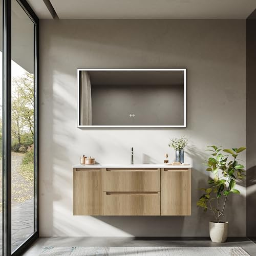 BRIDGE BENO 120 cm Wandwaschtisch Mit Mineralharzspüle, 2 Schubladen Und Türen, Ultradünn, Soft-Close, Geriffelt, Golden Sand