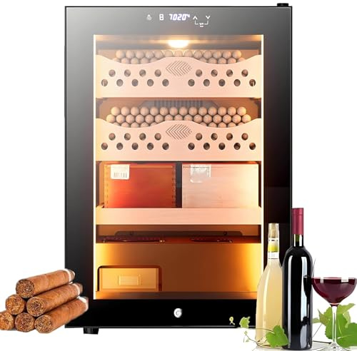 hKjPlvf 50L Electric Cigar Humidor, 300 Count Electronic Cigar Humidor Cabinet with Cooling, Heating & Humidity Control, 4 Layer Drawers,Tempered Glass Door + LED Warm Light, for Men Father Husband,A