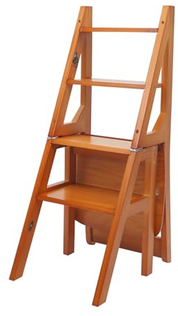 Silla escalera plegable de 4 peldaños, taburete convertible, silla escalera de madera, taburete plegable, escalera multifuncional, capacidad de carga de 100KG, para dormitorios, despensas, balcones