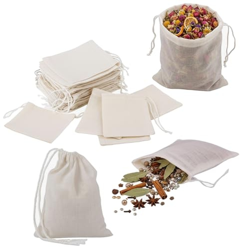 Pure Cotton Filter Bags, Cotton Muslin Bags with Drawstring, 50 Pcs(8*10cm) | Cotton Reusable Mesh Bags for Cooking, Soaking Medicinal Liquor, Tea Coffee Filter, DIY Carft Spices Storage, Party