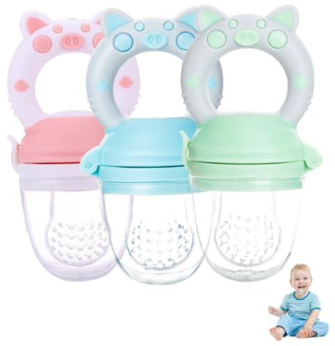 3-teiliger Baby-Frucht-Futterspender mit 3 lebensmittelechten Silikonbeuteln, Babynahrungs-Futterspender, mit rundem Griff, leicht zu reinigende Frucht-Beißringe für Babys, Kleinkinder und Kinder..