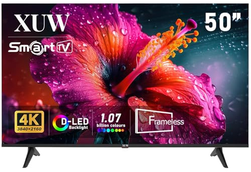 XUW 50 inch UHD 4K Smart TV, D-LED backlight Television, Borderless Design,HDMI USB DVB-T2/S2 RJ45 Interface, large screen for living room, bedroom, home entertainment - Black