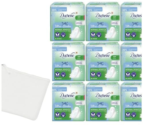 10tlg. Hygiene - Set 9x16 Duchesse Ultra-Binden Normal mit Flügeln sensitiv & Aloe Vera | Stärke 4 | Weich wie Baumwolle + STUDIO.MUNET Etui-Bag