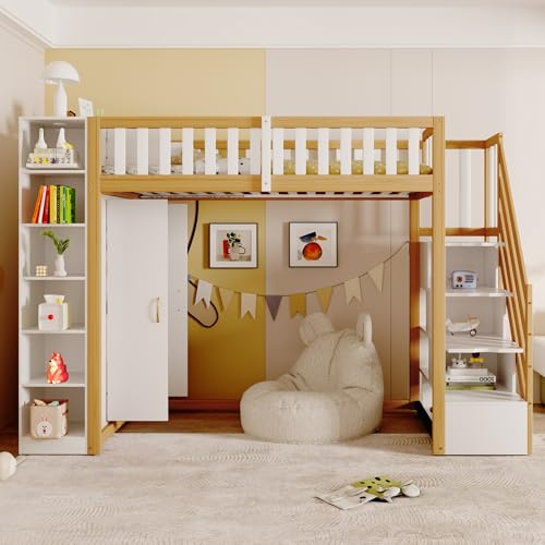 Merax Hochbett 90x200 cm mit Kleiderschrank und Regalen, Massivholz Bettgestell mit Stauraum, Weiß/Naturholz, ohne Matratze
