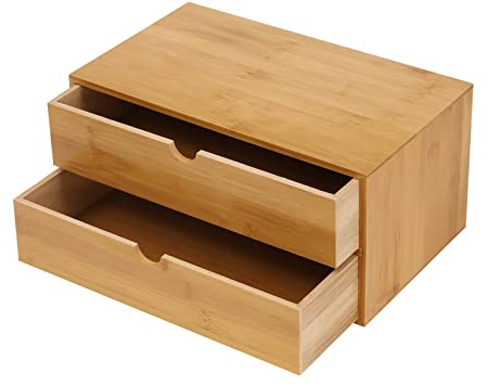PBTERDTF Schreibtisch Organizer Bambus schubladenbox 2 Schubladen Briefablage, Büro Organizer Schubladens Mini Kommode für Büroutensilien Kosmetiksammlungen (2 Schubladen)