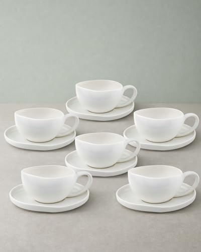BAVARY Capital Kaffeetassen mit Untertassen – 12-teiliges 6-Personen Porzellan-Kaffeeservice – 200 ml – wellenförmiges Design – ovaler Henkel – Teetassen & Cappuccinotassen – Weiß – spülmaschinenfest
