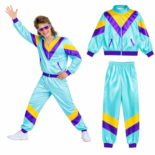 TK Gruppe Timo Klingler Trainingsanzug Outfit Overall - neon - 80er 90er Jahre für Retro Bad Taste - Jogginganzug Herren & Damen - Fasching & Karneval (M-L,blau)