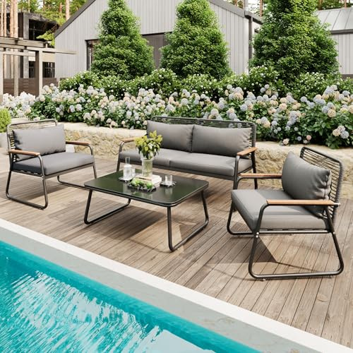 Garten-Lounge-Set, Sofa-Tisch-Set für 4 Personen mit Gestell aus verzinktem Eisen, Tischplatte aus gehärtetem Glas, verstellbare Beine, inklusive aller Sitz- und Rückenkissen, Grau, 4-teilig