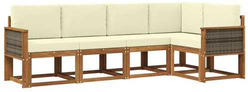 vidaXL Outdoor-Sofagarnitur mit Kissen 5 pcs Natur und Creme Polyester, Garten, modernes Outdoor-Sofa, wetterfestes Lounge-Möbel, perfekte Terrasse für gemütliches Sitzen