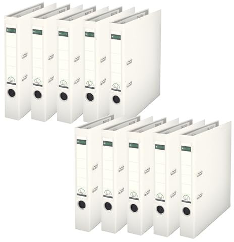 Leitz Qualitäts-Ordner 180° Plastik, 10er Pack, das Original, DIN A4 Aktenordner 5 cm schmal, 90% Recycling-Karton, 30% Pre-Consumer Recycling-Kunststoff, Mit 180° Mechanik, 350 Blatt, Weiß, 10151001