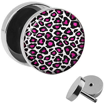 Treuheld | Leo Ohrstecker zum Schrauben - Leopard - Fell weiß-pink - Motiv Fake-Plug Ø 10mm Silber - Edel-Stahl Ohr-Ringe - Chirurgen-Stahl 316L Fake-Tunnel - Gewinde Ohr-Stecker - Schnee-Leopard