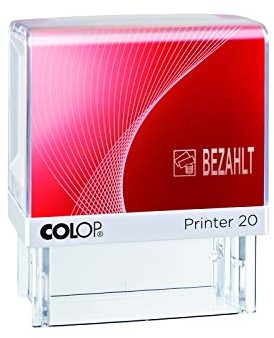 COLOP Text-Stempel Printer 20 BEZAHLT und Piktogramm, Abdruckfarbe blau-rot, für sofortigem Einsatz. Fertigstempel mit Lagertext und 2-farbigem Kissen