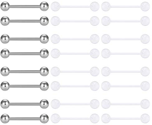 Mayhoop 14G Zungenpiercing Brustwarzenpiercing 316L Chirurgenstahl und Flexibel Acryl Retainer Halter Nippelpiercing Brustwarzen Zunge Piercing Set 24 Stk 16mm