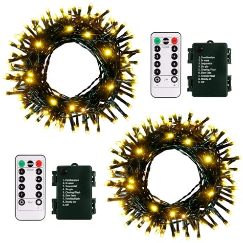 DBFAIRY 2 Pack-16.4ft Outdoor Christmas Tree String Lights 50 Warm White LEDs Battery Operated with Remote Control Green Cable 8 Modes Changing for Bedroom Party Xmas Patio Decor
