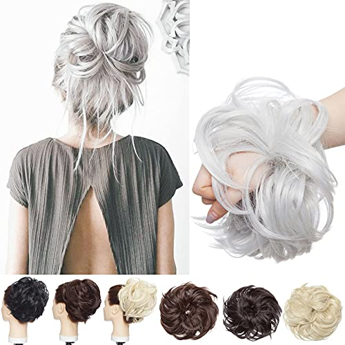 SEGO Haar Extensions Hochsteckfrisuren Haarteil Haargummi Dutt [Große-80g] VOLUMINÖS unordentlicher gewellt Silber-Grau