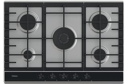 Haier Series 4 HAHG7W5XH- Placa de Gas, 5 Fuegos, Ancho 75cm, Potencia total 12,2kW, Mandos centrales, 9 niveles de potencia, Rejillas de hierro fundido, Preci Flame, Frontal en cristal negro, Inox