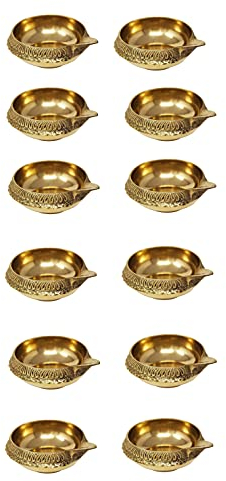 RATNA Kuber Diya Öllampen aus reinem Messing, handgefertigt, für Puja Raumdekoration und Diwali Festival (12), Goldfarben, 6,4 cm