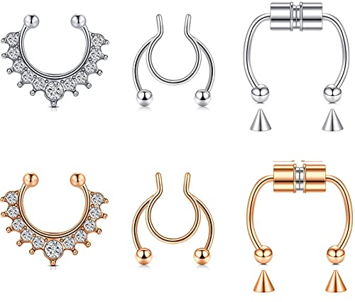 AceFun Gefälschte magnetische Nasenringe Edelstahl Fake Septum Nasenring Offene Nase Hoops Non Piercing Clip On Nasenschmuck für Damen Herren Silber Rose Gold 6 STK