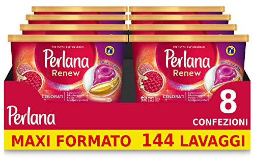 Perlana Renew Caps Colorati, detersivo lavatrice capsule, formula 3in1, ottimale per tutti i capi colorati, confezione risparmio da 8 x 18 lavaggi, totale 144 lavaggi