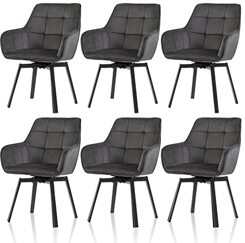 TUKAILAI Esszimmerstühle Drehbar 6er Set, Drehstuhl esszimmer Samt mit Armlehnen Rückenlehne Gepolsterter Sitz Metallbeine, Armlehnstuhl Küchenstühle Polsterstuhl Sessel für Küche Wohnzimmer,Grau