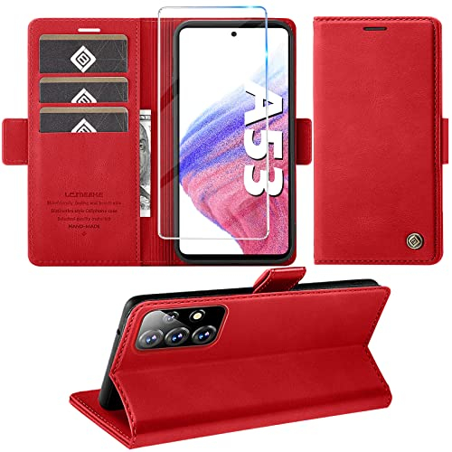 Giyer für Samsung Galaxy A53 5G Hülle mit Schutzfolie, Handyhülle Galaxy A53 5G Standfunktion Kartenfach Wallet Premium Leder Schutzhülle A53 5G Flip Case Cover Stoßfeste Klapphülle (rot)