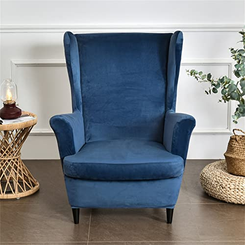 MINGPINHUIUS Velvet Stretch Wingback Chair Covers 2 Piece Set (Navy Blue) | 2 IN 1 Design Removable Wing Chair Slipcover, Soft Wing Back Chair Cover for Living Room Bedroom Hotel Office Reception