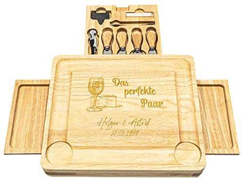 Geschenke 24 | Käse-Servierbrett personalisiert mit Gravur | mit Wunschname, Wunschdatum und Motiv (Das perfekte Paar) | Schneidbrett | Holzbrett mit Zubehör und Schalen