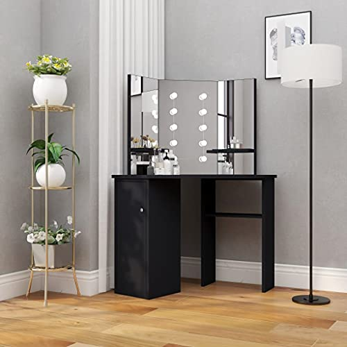 Hommdiy Eck-Schminktisch Schminktisch mit LED Beleuchtung, MDF Holz Frisiertisch Kosmetiktisch Holzwerkstoff Schwarz
