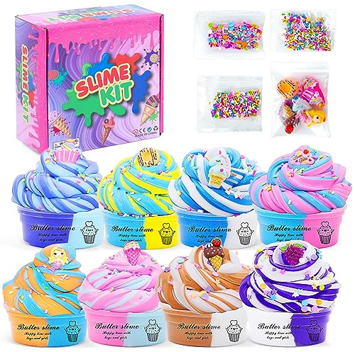 Thedttoy 8 Pièces Kits de Fluffy Slime Jouet, Enfants Gluante Butter Slime Cadeaux, Super Extensible et Non Collant pour Soulager Le Stress, Anniversaire Noël Cadeau pour Filles et Garçons