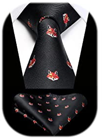 HISDERN Krawatte Schwarz Herren Krawatten Fuchs Muster mit Einstecktuch Krawatte Hochzeit und Taschentuch Set