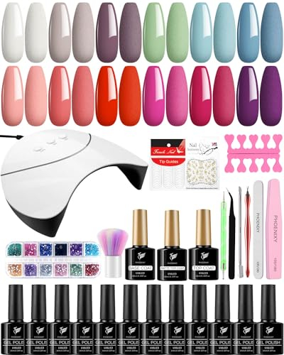 Phoenixy UV Nagellack Set mit UV Lampe, 12 Farben UV Gel Nagellack Set Gelnägel Set mit Base und Top Matte Coat Gel Nägel Selber Set