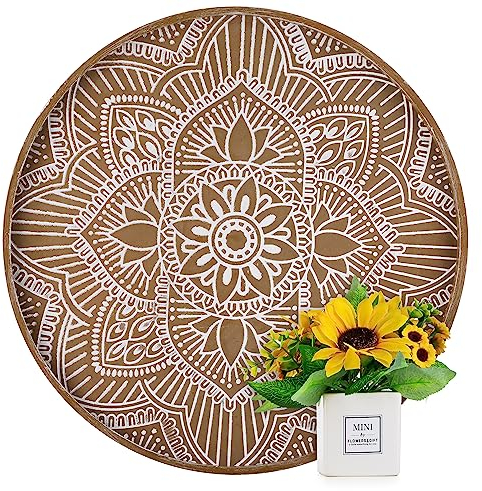 Hanobe Large Wood Decorative Tray: Boho Rustic Ottoman Tray Farmhouse Coffee Table Centerpiece Decor - Wooden Serving Round Floral Tray for Kitchen Counter Brown 45cm