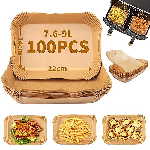 Foenwoen 100Pcs Papier Cuisson Air Fryer 22x14cm, Papier Air Fryer Rectangle Antiadhésif Résistant à l'huile et à l'eau, Air Fryer Accessoires, Papier Sulfurisé pour Air Fryer, Micro-ondes, Four