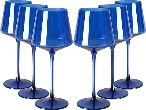 Blue Wine Glass Set of 6, Colored Wine Glasses,Gift For Her, Wife, Mom Friend - Square Wine Glasses, Unique European Style Tall Drinkware - Red & White, Dinner, Color Beautiful Glassware (Blue)