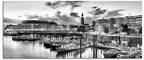 Pixxprint Glasbild Panorama, Wandbild aus Echtglas, Hamburger Hafen am Abend, 100x40 cm, inkl. Aufhängung und Abstandshalter