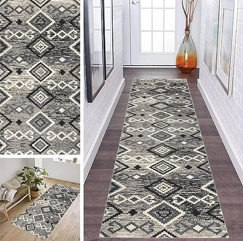 ZDYHMrj Läufer Teppich Flur Küche Waschbar rutschfest 40 * 80cm, Abstraktes Marokko Style Grau Lang Teppichmatte Dauerhaft Fur Korridor Wohnzimmer Schlafzimmer Meterware Anpassbar