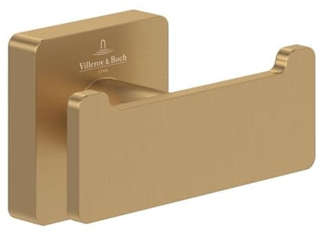 Villeroy & Boch Elements - Striking Doppel-Handtuchhaken, Handtuchhalter für Wandmontage, Wandhaken aus Messing, Zubehör Bad, Badhaken eckig, 80 x 44 x 45 mm, Brushed Gold