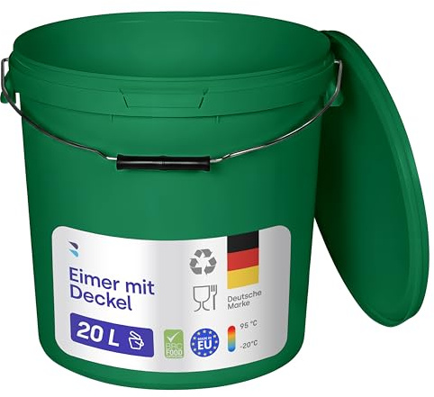 BenBow - Eimer mit Deckel 20l grün 10x 20 Liter - lebensmittelecht stabil luftdicht auslaufsicher geruchsneutral - Aufbewahrungsbehälter aus Kunststoff - Metalgriff Rissfester Griff, leer - zur Hause