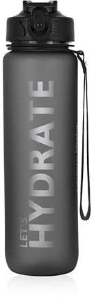 LIFESTYL. 1 Litre Water Bottle With Straw, dishwasher safe water bottle 1l, Leak Proof BPA Free Motivational Bottle With Time Marker (Charcoal)