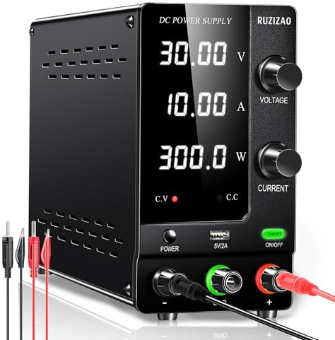 RUZIZAO DC Power Supply Variable, 30V 10A Adjustable Switching Regulated Power Supply with Encoder Adjustment Knob, Lab Bench Power Supply Output Button 5V/2A USB Interface Battery Charge/Repair/Test
