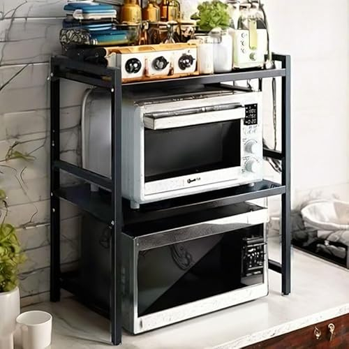 BRAVECOW Microwave Shelf Stand Expandable Oven Rack Storage Kitchen Organizer Counter Cabinet Holder Adjustable Width Height with 4 Hooks (2-Tier)
