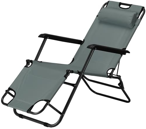 JEMIDI Tumbona Plegable - Silla Reclinable Jardin Playa Piscina Camping - con Reposabrazos Reposacabezas y Respaldo 2 Niveles - Tumbonas Plegables Ligeras 155 x 60 x 80 cm - Gris