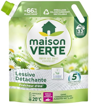 Maison Verte - Recharge Lessive Liquide - Parfum Fraîcheur d'Ete - Lessive Détachante - Peaux Sensibles - Efficace dès 20°C - 5 Enzymes Actives d'Origine Naturelle - Sans Conservateurs - 33 Lavages